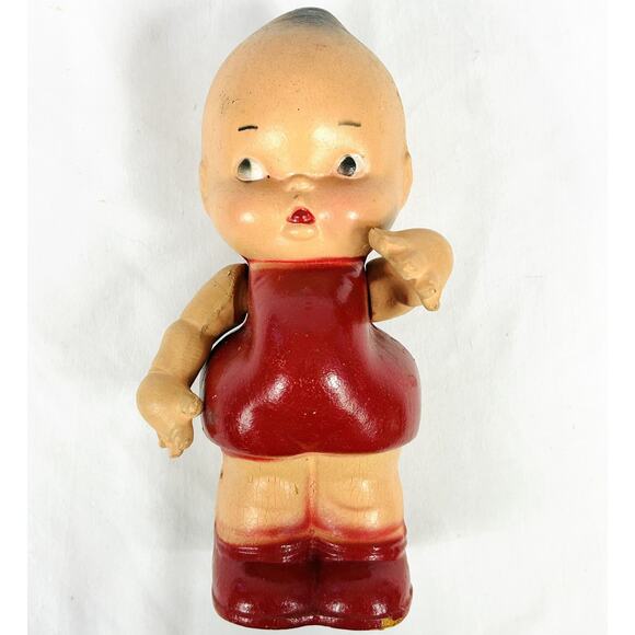Vintage Standing Pot Belly Kewpie Doll Composite Penny Bank Moving Arms 8.5”